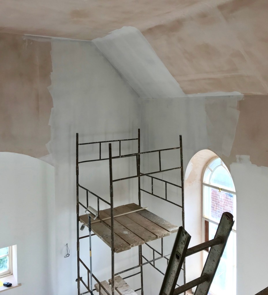 Painting the Chapel off the scaffold tower...